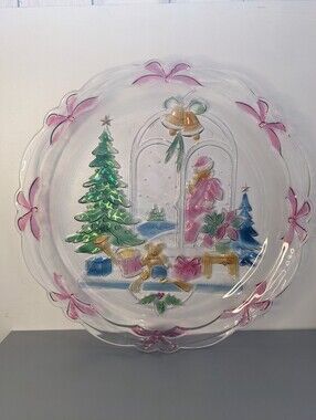 Vintage Crystal Clear Studios Japan Christmas Joy Embossed Glass Holiday Platter